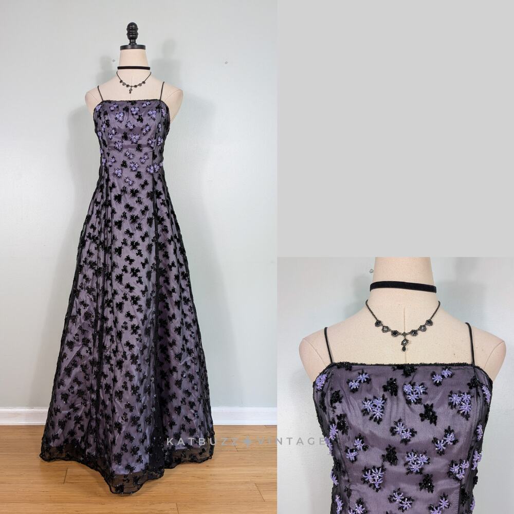 Vintage Prom Dress Maxi Gown 4 Purple Black Goth Princess 90S Y2K Floral Overlay